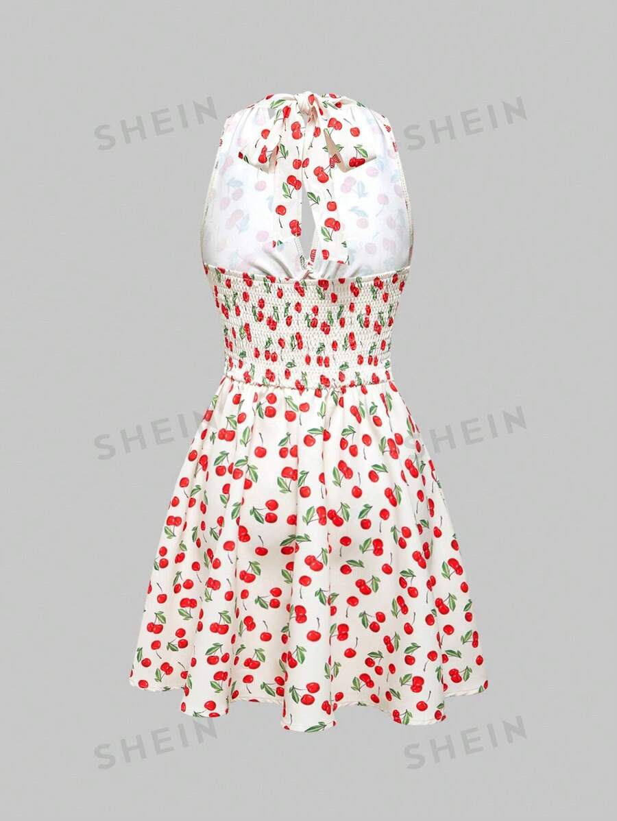 ROMWE Kawaii Vestido de verano sin espalda y cuello halter estampado cerezas para mujer