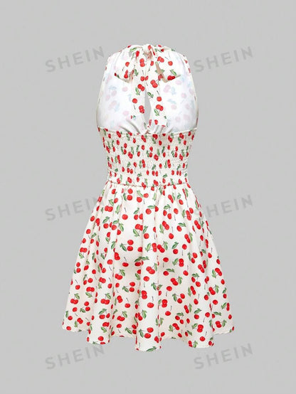 ROMWE Kawaii Vestido de verano sin espalda y cuello halter estampado cerezas para mujer