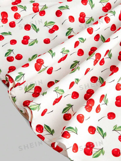 ROMWE Kawaii Vestido de verano sin espalda y cuello halter estampado cerezas para mujer
