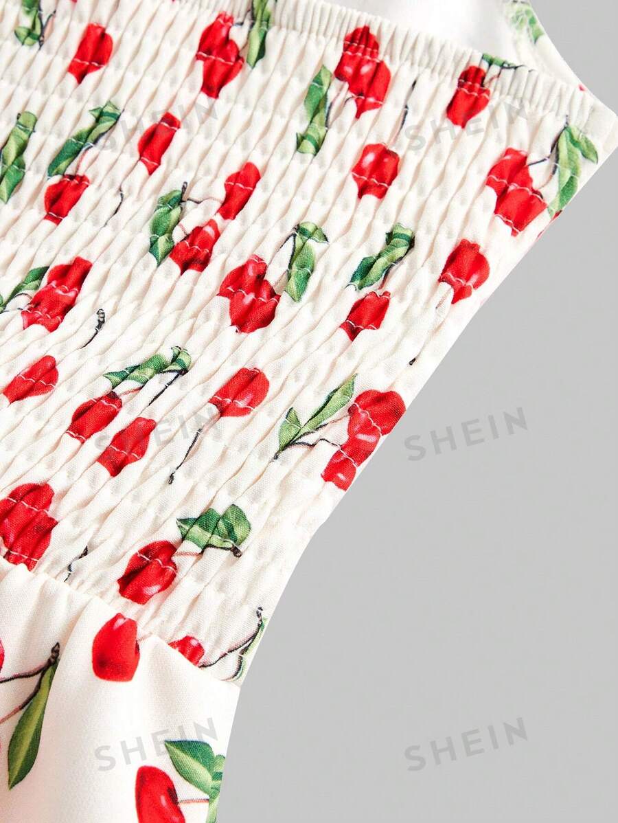 ROMWE Kawaii Vestido de verano sin espalda y cuello halter estampado cerezas para mujer