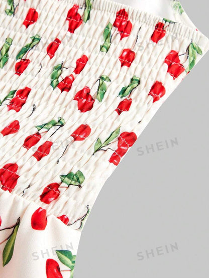 ROMWE Kawaii Vestido de verano sin espalda y cuello halter estampado cerezas para mujer