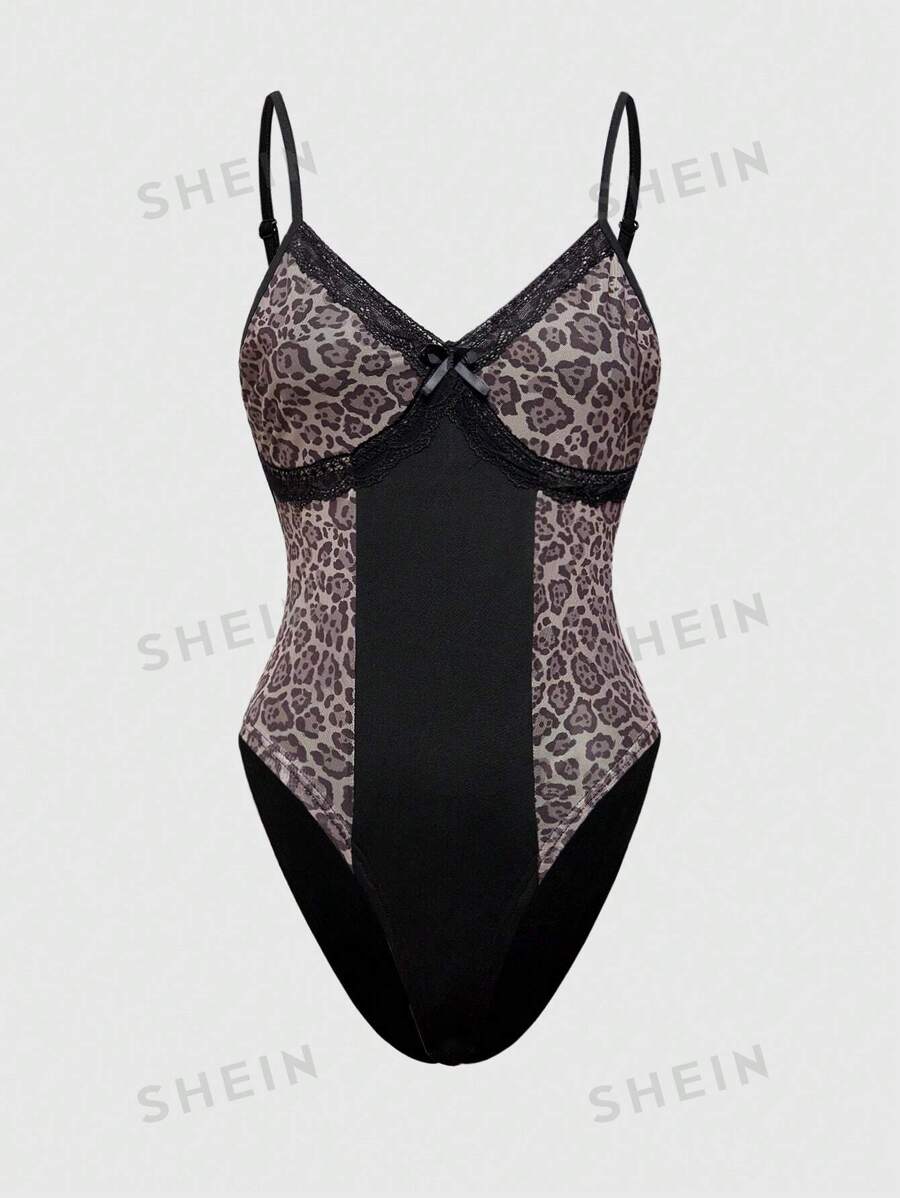 ROMWE Mujeres Body ajustado y con diseño de estampado de leopardo y lazo de cinta, sexy