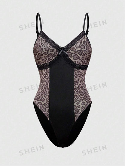 ROMWE Mujeres Body ajustado y con diseño de estampado de leopardo y lazo de cinta, sexy