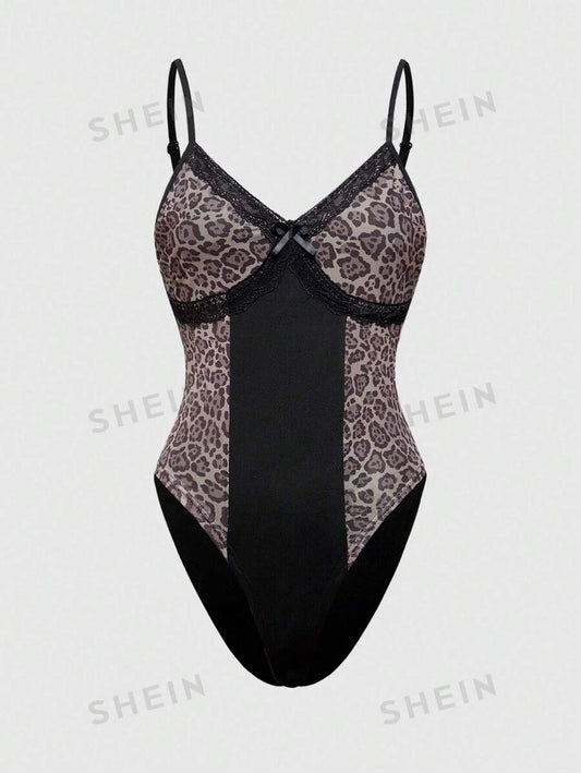 ROMWE Mujeres Body ajustado y con diseño de estampado de leopardo y lazo de cinta, sexy