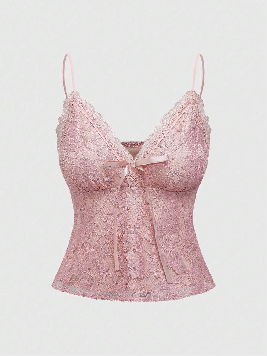 ROMWE Kawaii Camisola rosa elegante y graciosa para mujer con ribete de encaje y correa de lazo, estilo chica del bosque