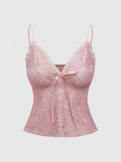 ROMWE Kawaii Camisola rosa elegante y graciosa para mujer con ribete de encaje y correa de lazo, estilo chica del bosque