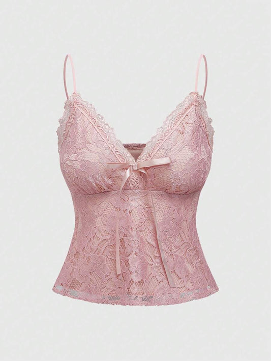 ROMWE Kawaii Camisola rosa elegante y graciosa para mujer con ribete de encaje y correa de lazo, estilo chica del bosque