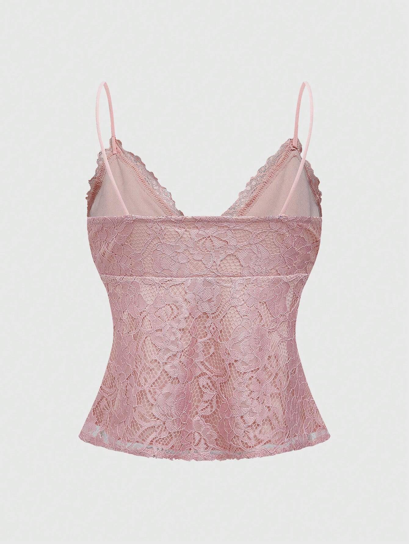 ROMWE Kawaii Camisola rosa elegante y graciosa para mujer con ribete de encaje y correa de lazo, estilo chica del bosque