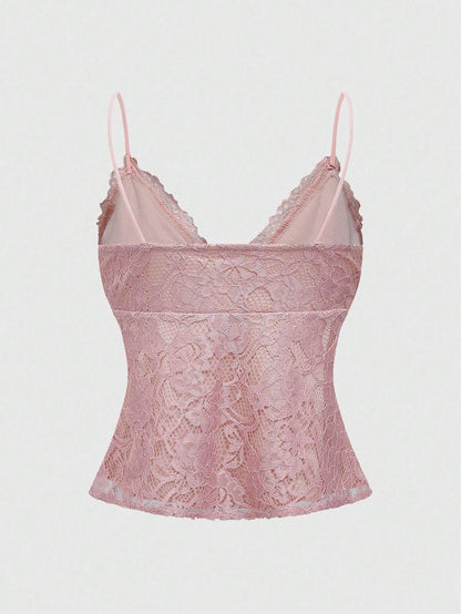 ROMWE Kawaii Camisola rosa elegante y graciosa para mujer con ribete de encaje y correa de lazo, estilo chica del bosque