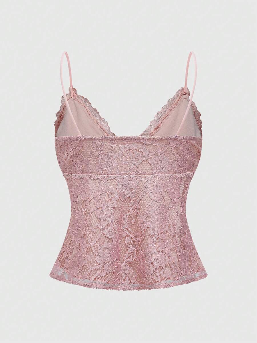 ROMWE Kawaii Camisola rosa elegante y graciosa para mujer con ribete de encaje y correa de lazo, estilo chica del bosque
