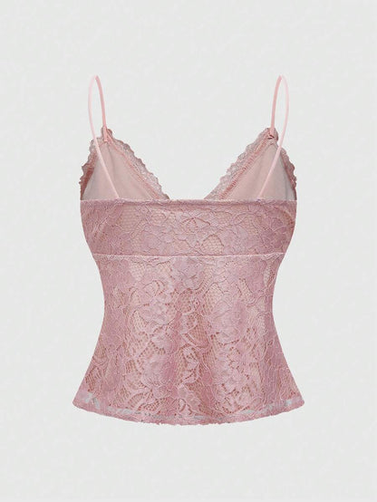 ROMWE Kawaii Camisola rosa elegante y graciosa para mujer con ribete de encaje y correa de lazo, estilo chica del bosque