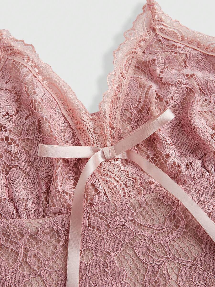 ROMWE Kawaii Camisola rosa elegante y graciosa para mujer con ribete de encaje y correa de lazo, estilo chica del bosque
