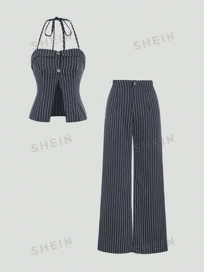 SHEIN MOD Conjunto casual de verano con parte superior sin mangas con cuello halter y pantalones largos estampados a rayas