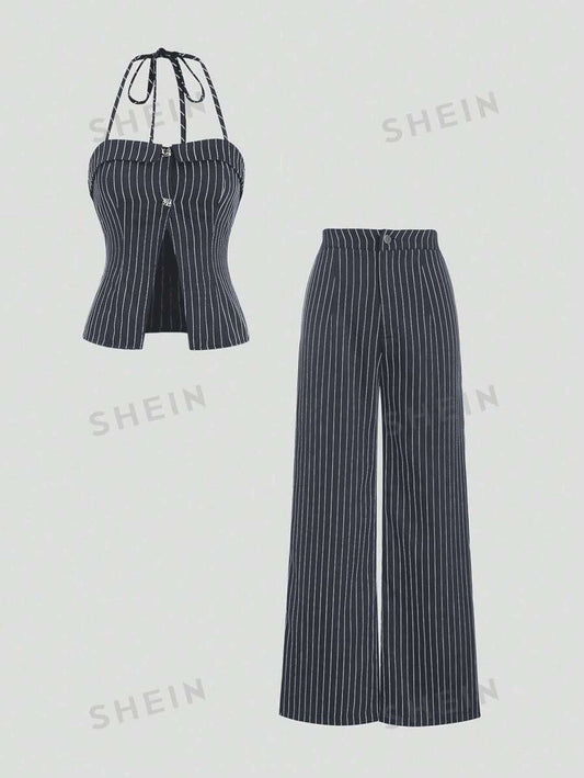 SHEIN MOD Conjunto casual de verano con parte superior sin mangas con cuello halter y pantalones largos estampados a rayas