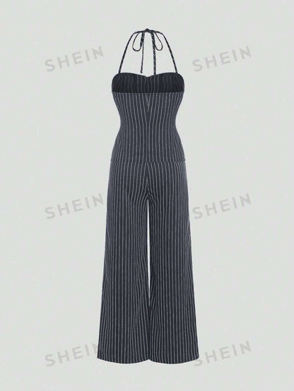 SHEIN MOD Conjunto casual de verano con parte superior sin mangas con cuello halter y pantalones largos estampados a rayas