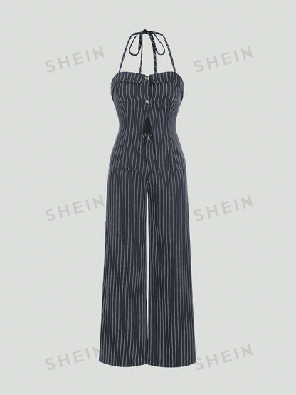 SHEIN MOD Conjunto casual de verano con parte superior sin mangas con cuello halter y pantalones largos estampados a rayas