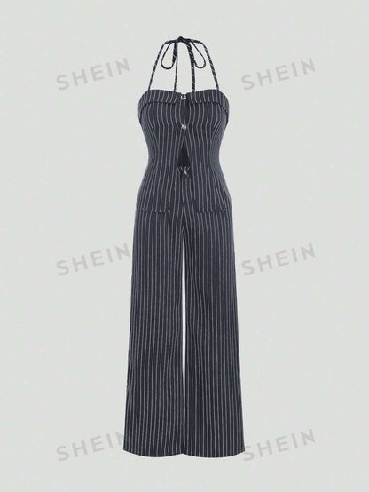 SHEIN MOD Conjunto casual de verano con parte superior sin mangas con cuello halter y pantalones largos estampados a rayas
