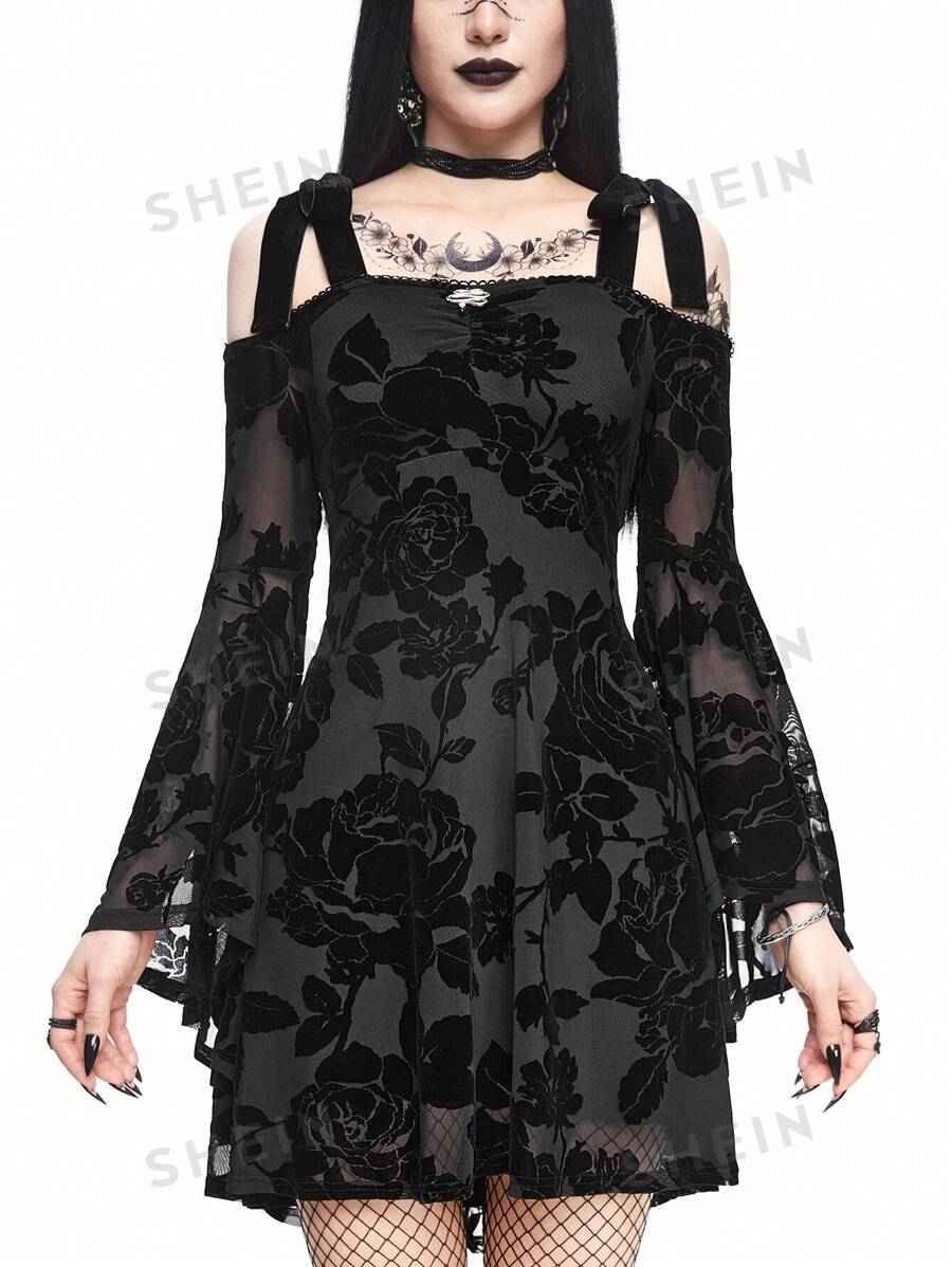 ROMWE Goth Vestido de oscilación esponjoso con estampado botánico y diseño fuera del hombro para mujer, con colgante de serpiente y mangas acampanadas