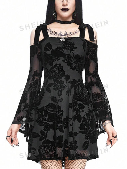 ROMWE Goth Vestido de oscilación esponjoso con estampado botánico y diseño fuera del hombro para mujer, con colgante de serpiente y mangas acampanadas