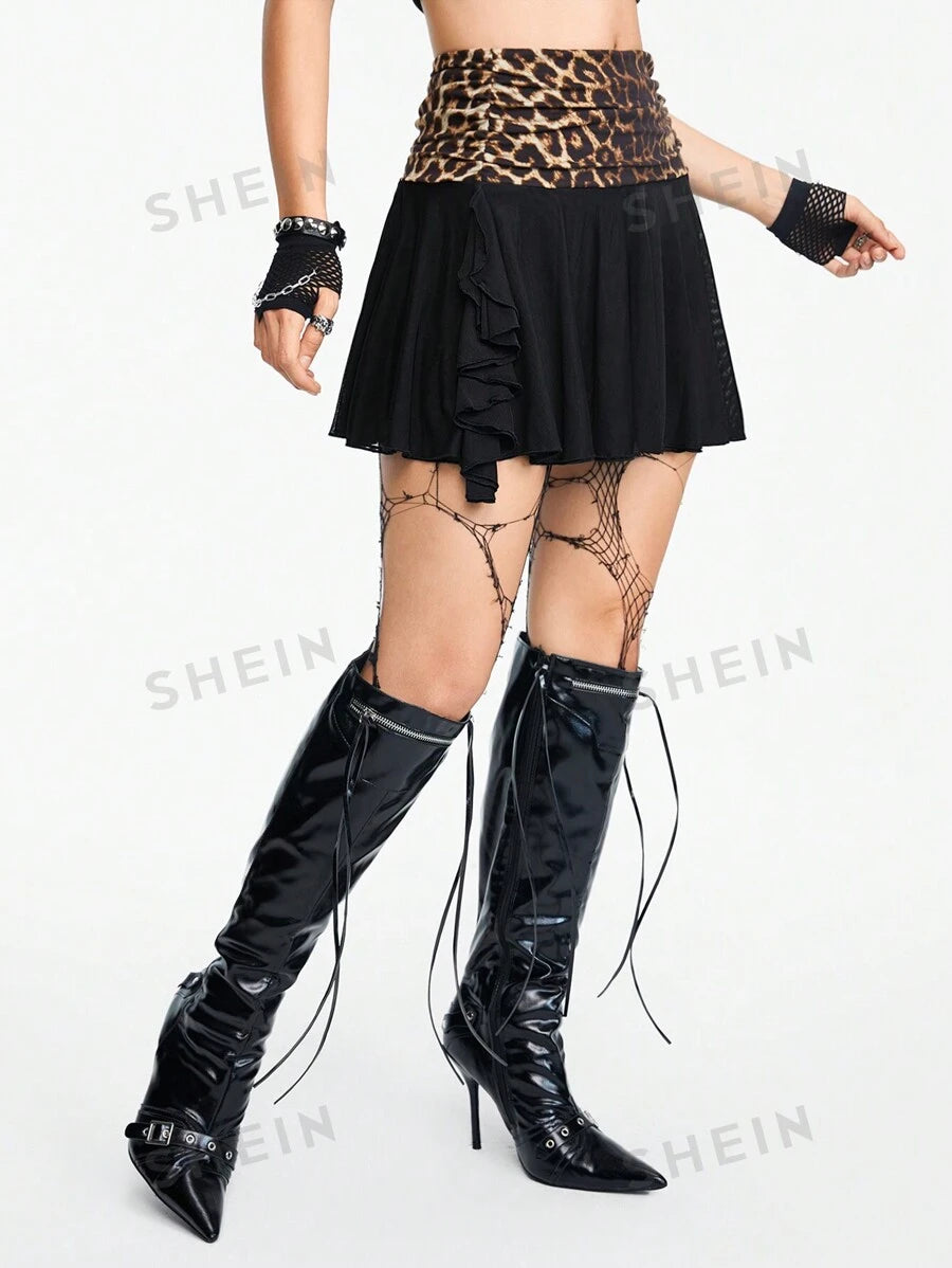 ROMWE Grunge Punk Falda de línea A para mujeres con mezcla de malla y estampado de leopardo, subcultura Y2K Shibuya Girl