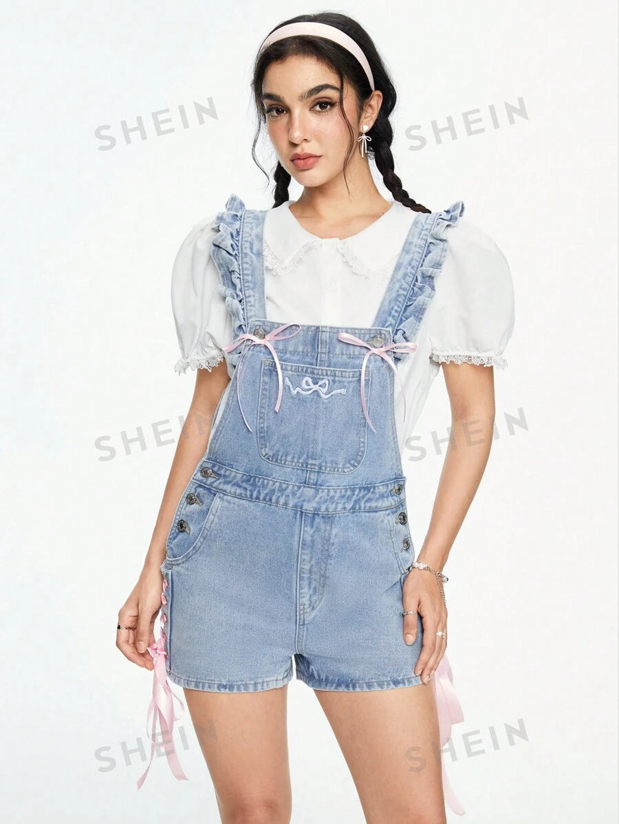 ROMWE Kawaii Peto sin mangas de mezclilla para mujeres con bolsillo, decoración bordada con lazo, para verano