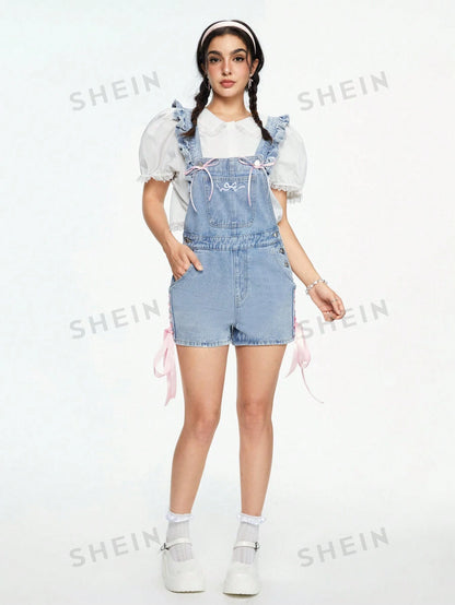 ROMWE Kawaii Peto sin mangas de mezclilla para mujeres con bolsillo, decoración bordada con lazo, para verano