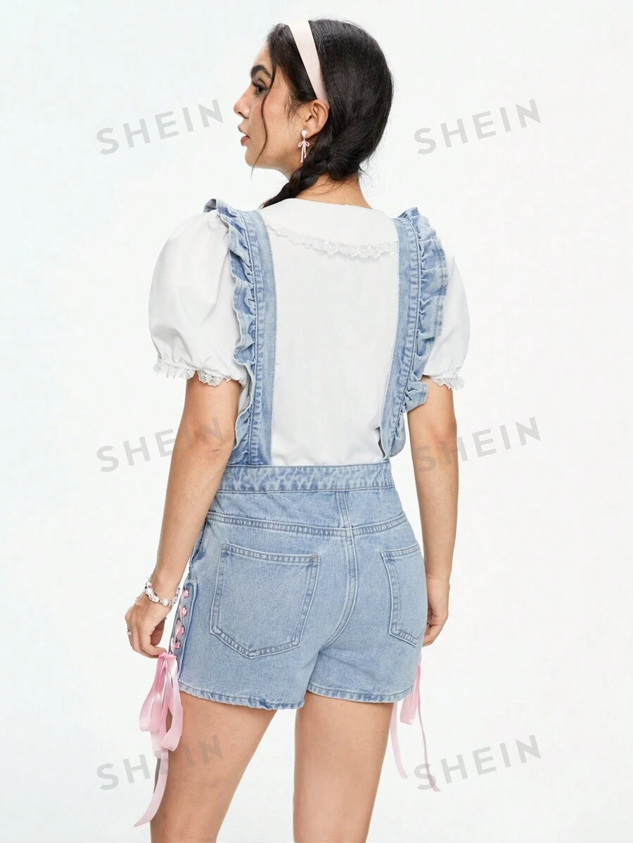 ROMWE Kawaii Peto sin mangas de mezclilla para mujeres con bolsillo, decoración bordada con lazo, para verano