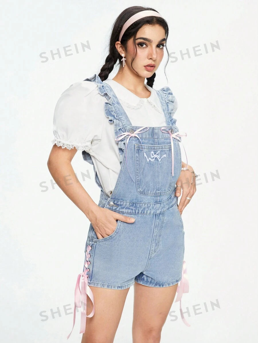 ROMWE Kawaii Peto sin mangas de mezclilla para mujeres con bolsillo, decoración bordada con lazo, para verano