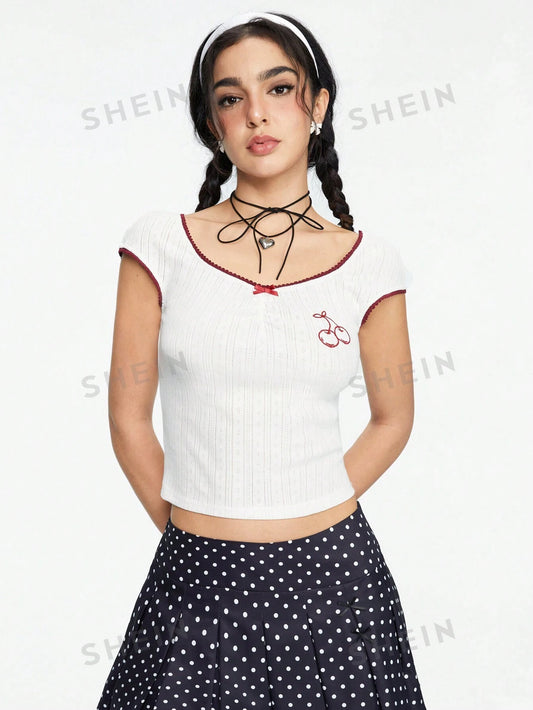 ROMWE Kawaii Camiseta Sexy Minimalista de Manga Corta para Mujer con bordado de cereza para el verano