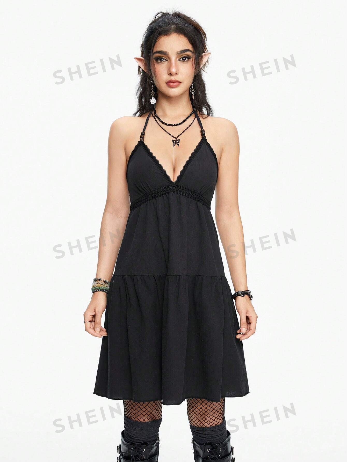 ROMWE Hippie Vestido a línea con cuello halter y dobladillo con volantes, solido de color, sin mangas y sexy, para el verano