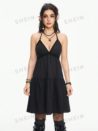 ROMWE Hippie Vestido a línea con cuello halter y dobladillo con volantes, solido de color, sin mangas y sexy, para el verano