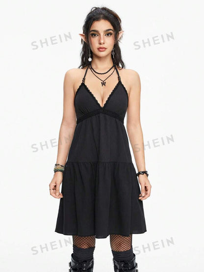 ROMWE Hippie Vestido a línea con cuello halter y dobladillo con volantes, solido de color, sin mangas y sexy, para el verano