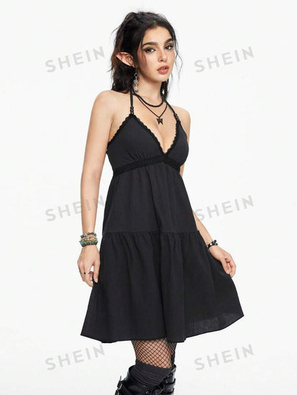 ROMWE Hippie Vestido a línea con cuello halter y dobladillo con volantes, solido de color, sin mangas y sexy, para el verano