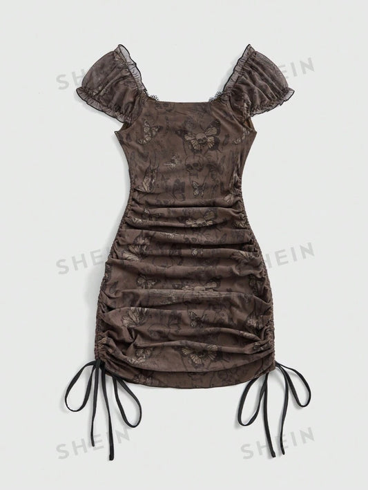 ROMWE Vestido de dibujo de mariposa vintage de verano para mujer, con detalles de contraste de encaje lateral y cordón ajustable