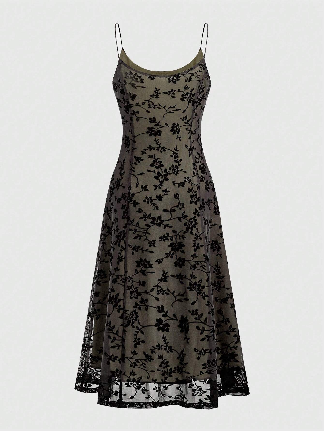 ROMWE Goth Vestido de estilo gótico victoriano con flores flocadas para mujer con tirantes de espagueti y cintura ajustada en línea A