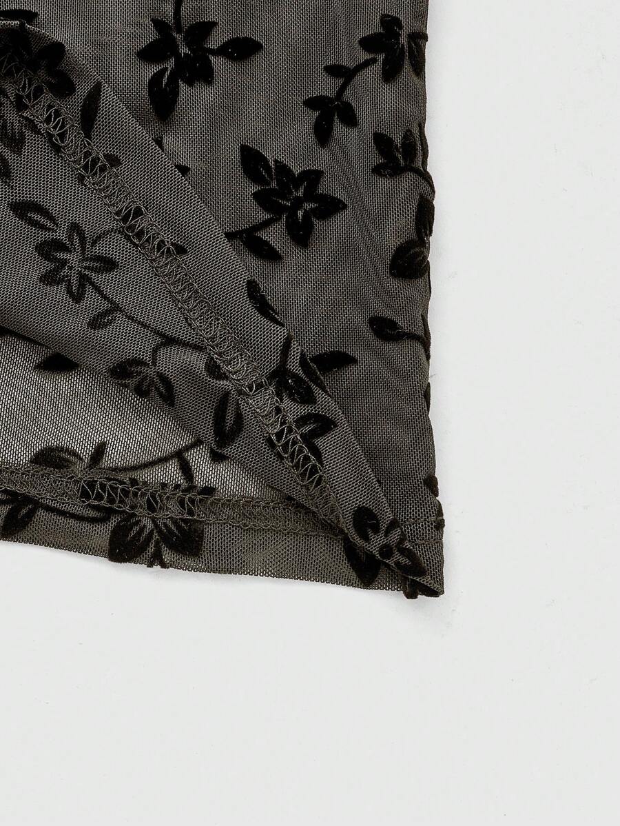 ROMWE Goth Vestido de estilo gótico victoriano con flores flocadas para mujer con tirantes de espagueti y cintura ajustada en línea A