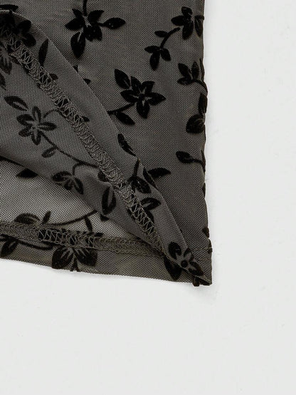 ROMWE Goth Vestido de estilo gótico victoriano con flores flocadas para mujer con tirantes de espagueti y cintura ajustada en línea A