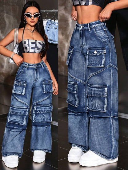 SHEIN ICON Jeans de mezclilla casuales con ajuste holgado para mujer, con varios bolsillos de utilidad para combinar con cualquier cosa