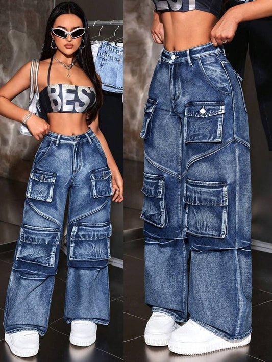 SHEIN ICON Jeans de mezclilla casuales con ajuste holgado para mujer, con varios bolsillos de utilidad para combinar con cualquier cosa