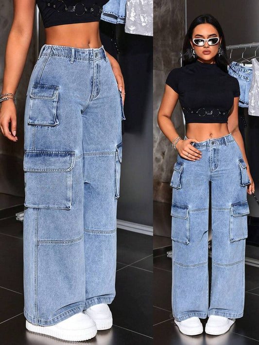 SHEIN ICON Jeans casuales sueltos de mujer con varios bolsillos de trabajo y diseño de pierna ancha