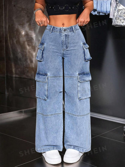 SHEIN ICON Jeans casuales sueltos de mujer con varios bolsillos de trabajo y diseño de pierna ancha