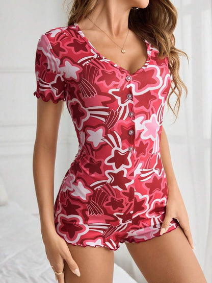 Ropa de dormir de mameluco para mujer con estampado de estrellas, ribete de encaje y mangas cortas, verano
