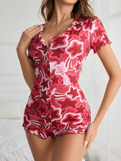 Ropa de dormir de mameluco para mujer con estampado de estrellas, ribete de encaje y mangas cortas, verano