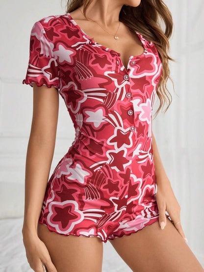 Ropa de dormir de mameluco para mujer con estampado de estrellas, ribete de encaje y mangas cortas, verano