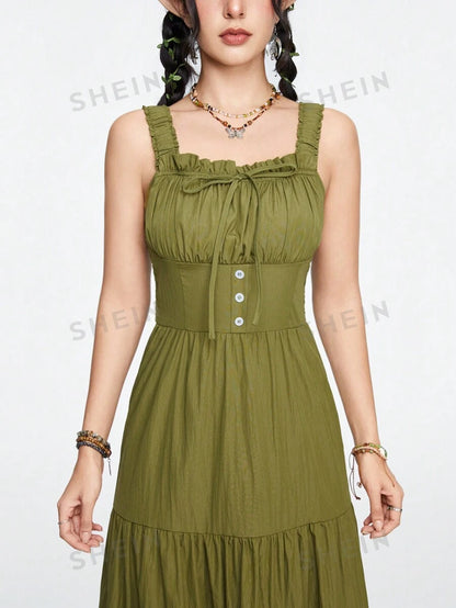 ROMWE Fairycore Vestido largo Cami con ribete de volantes, busto fruncido y dobladillo con volantes