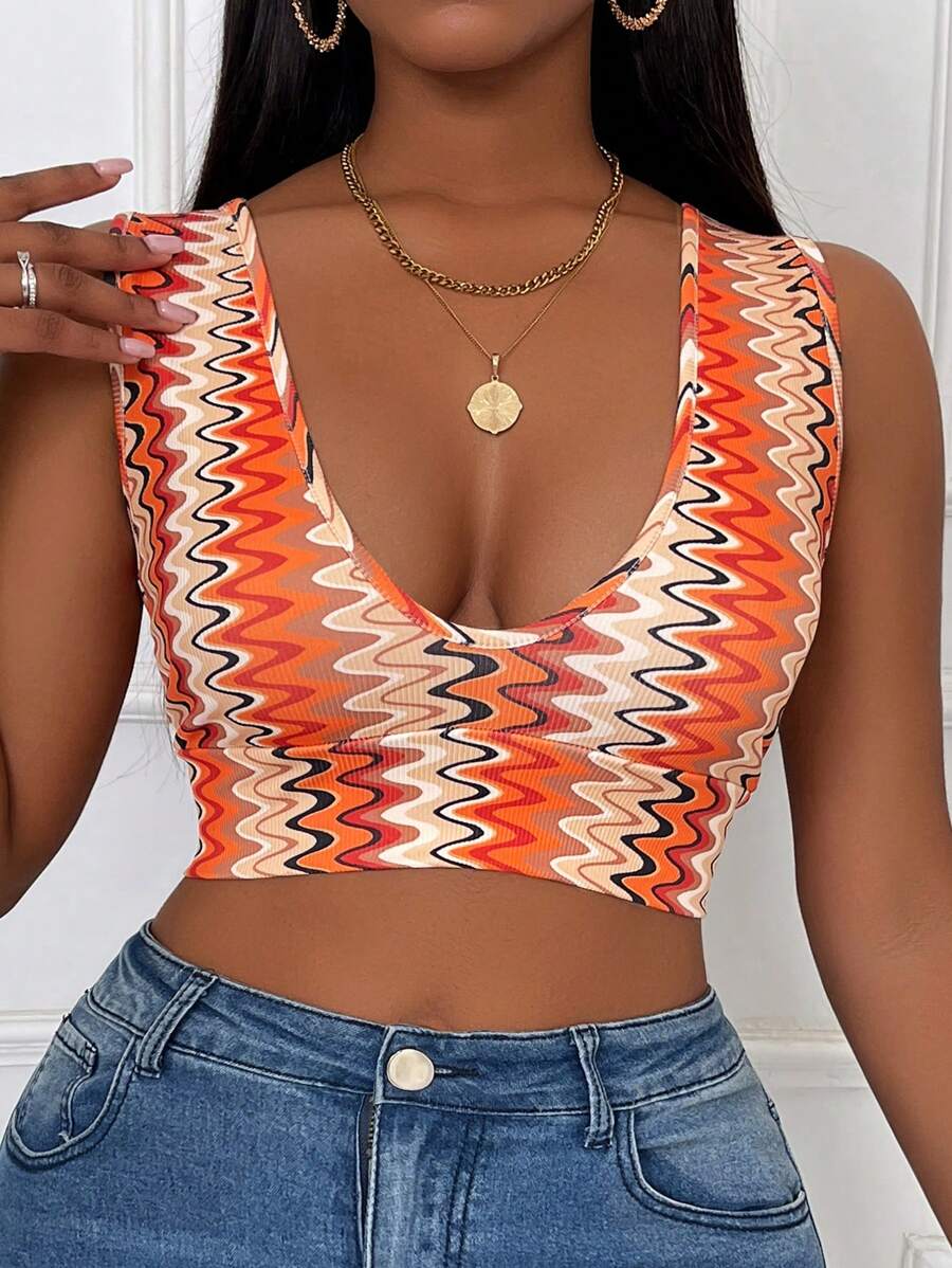 SHEIN Slayr Top de tirantes para mujer con cuello en V profundo, ajuste ceñido y bloque de color con rayas y estampado