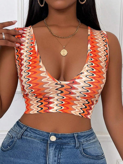 SHEIN Slayr Top de tirantes para mujer con cuello en V profundo, ajuste ceñido y bloque de color con rayas y estampado