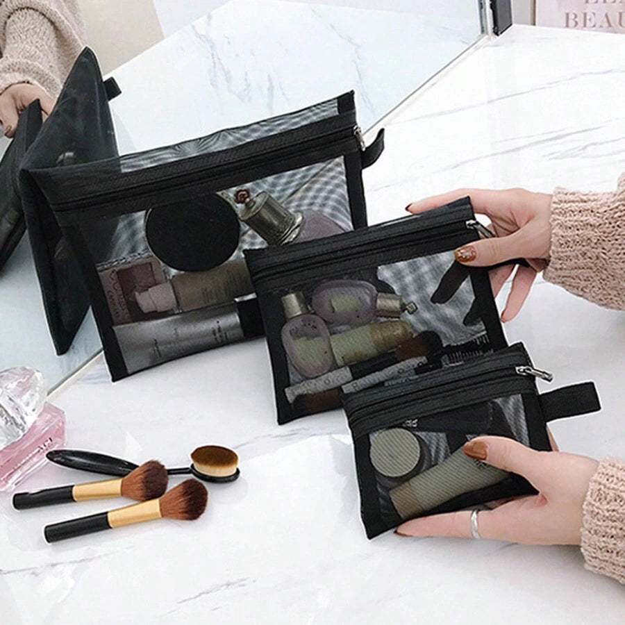1 pieza/ 3 piezas Bolsa de maquillaje simple, pequeña bolsa de almacenamiento de pintalabios almohadillado, bolsa portátil mini de malla transparente