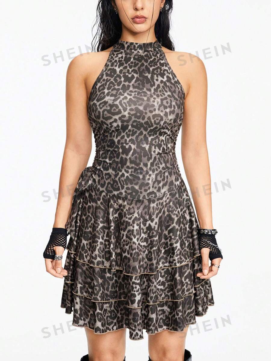 ROMWE Grunge Punk Vestido de leopardo sexy con falda de múltiples capas sin tirantes con cinturón de la cintura para mujer