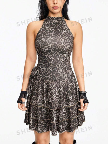 ROMWE Grunge Punk Vestido de leopardo sexy con falda de múltiples capas sin tirantes con cinturón de la cintura para mujer